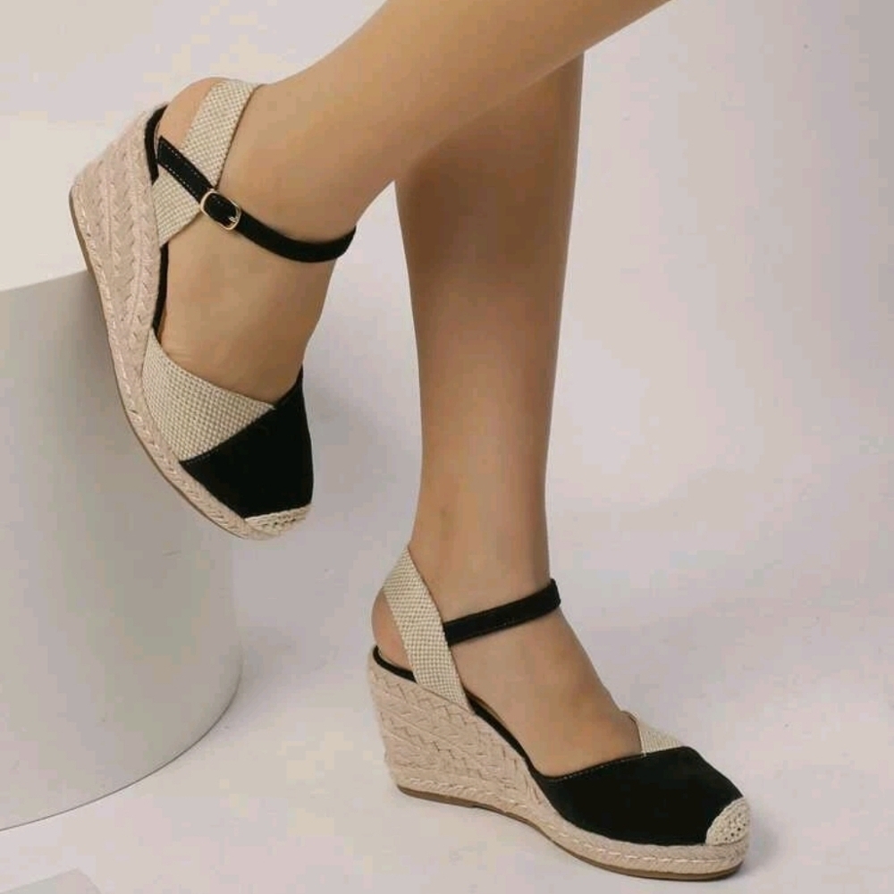 Cap Toe Ankle Strap Espadrille Linen Wedge Court Shoes - Picture 2 of 7